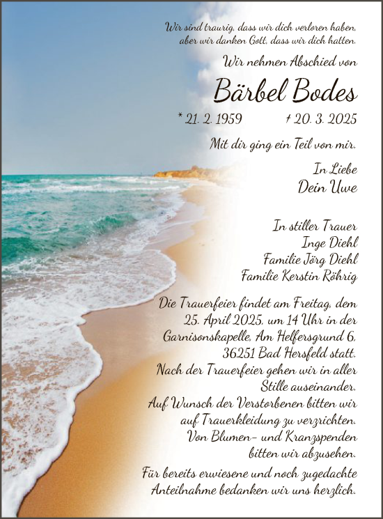 Traueranzeige von Bärbel Bodes von HZ