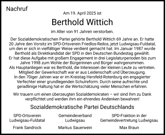 Traueranzeige von Berthold Wittich von HZ