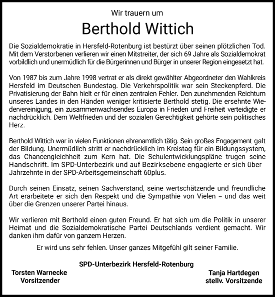 Traueranzeige von Berthold Wittich von HZ
