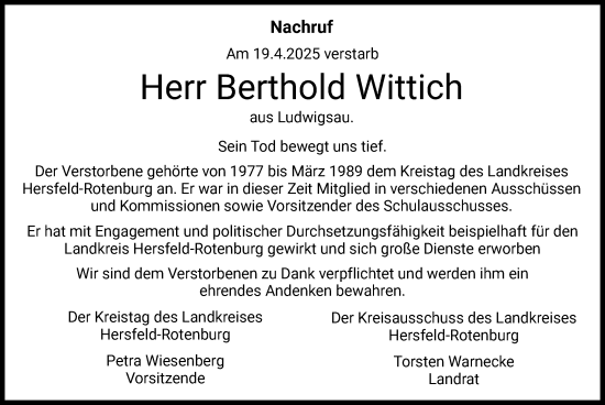 Traueranzeige von Berthold Wittich von HZHNA