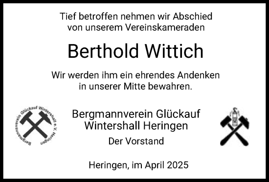 Traueranzeige von Berthold Wittich von HZ