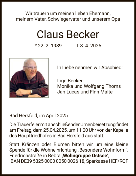 Traueranzeige von Claus Becker von HZ