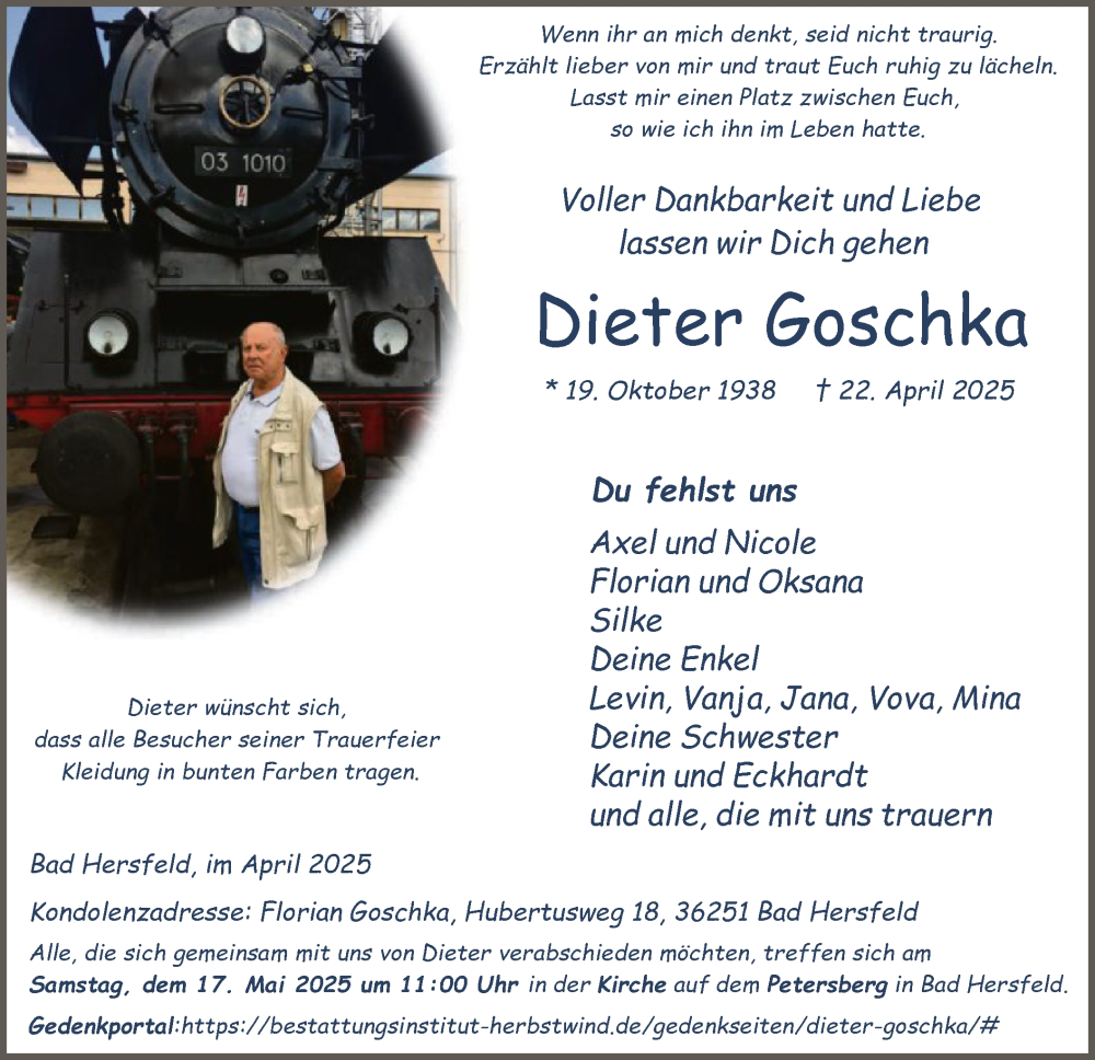  Traueranzeige für Dieter Goschka vom 26.04.2025 aus HZ