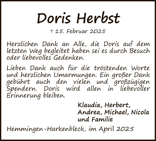 Traueranzeige von Doris Herbst von HZ