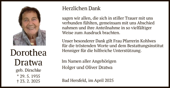 Traueranzeige von Dorothea Dratwa von HZ