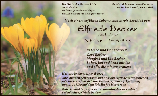 Traueranzeige von Elfriede Becker von HZ