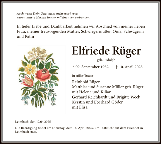 Traueranzeige von Elfriede Rüger von HZ