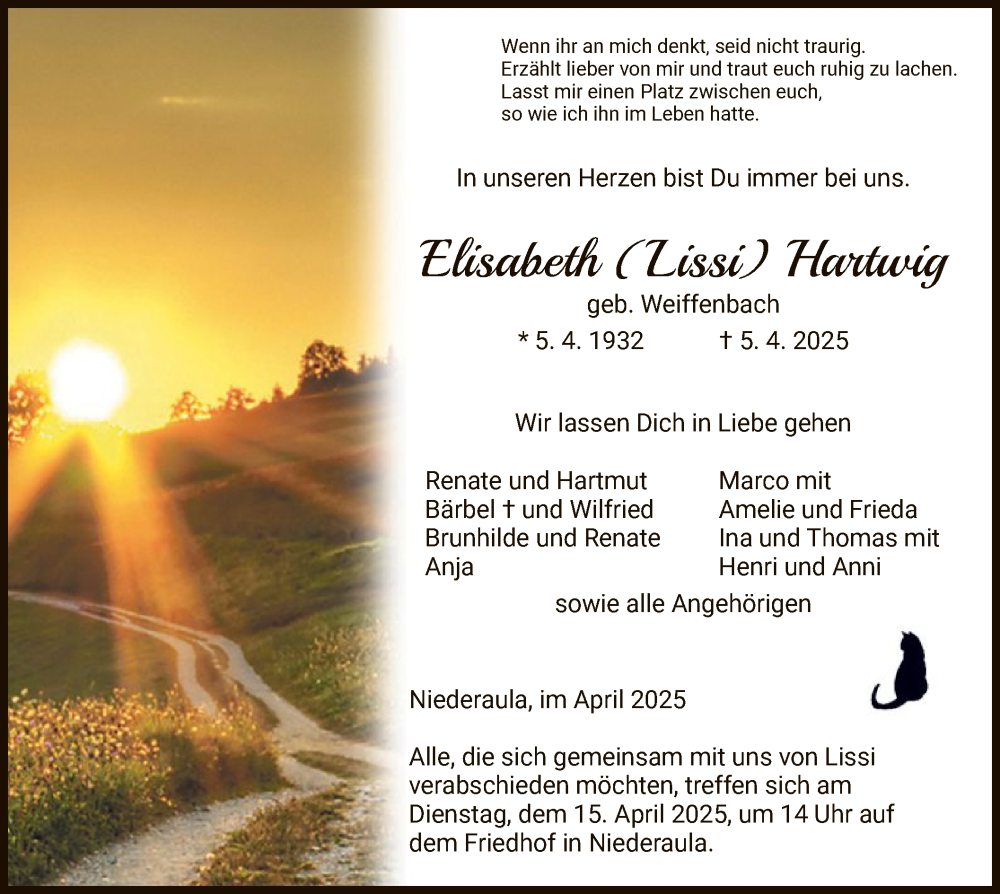  Traueranzeige für Elisabeth Hartwig vom 12.04.2025 aus HZHNA