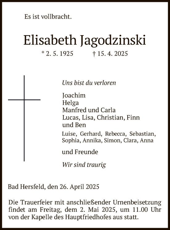Traueranzeige von Elisabeth Jagodzinski von HZ