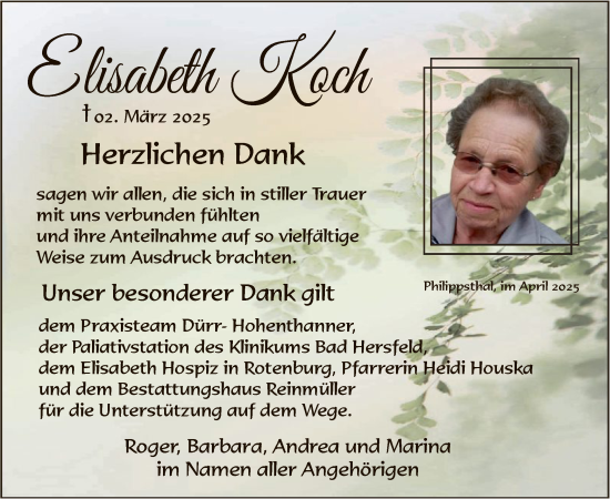 Traueranzeige von Elisabeth Koch von HZHNA