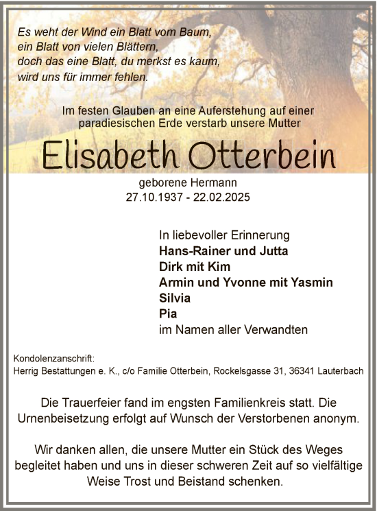 Traueranzeige von Elisabeth Otterbein von HZ