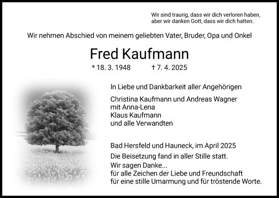 Traueranzeige von Fred Kaufmann von HZ