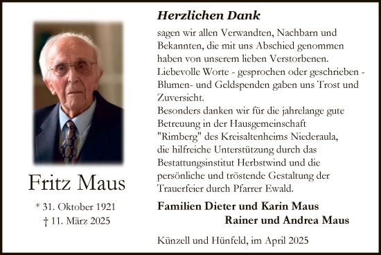 Traueranzeige von Fritz Maus von HZ