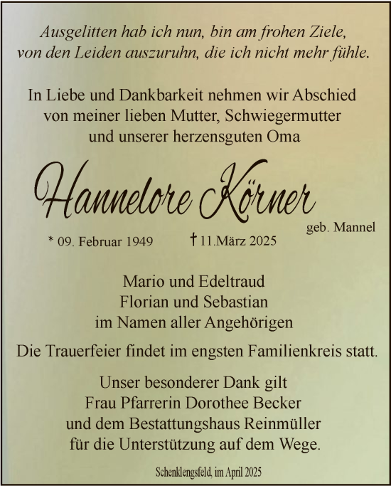 Traueranzeige von Hannelore Körner von HZHNA