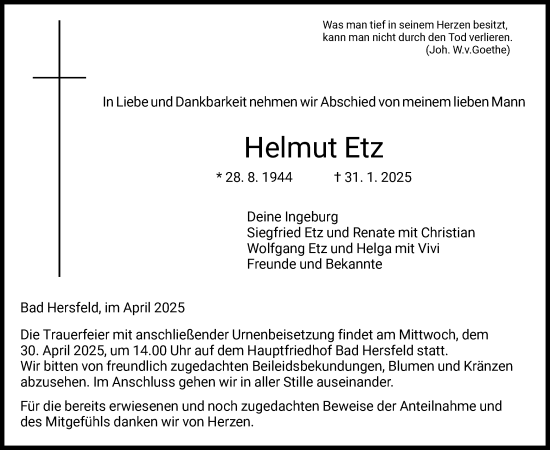 Traueranzeige von Helmut Etz von HZ