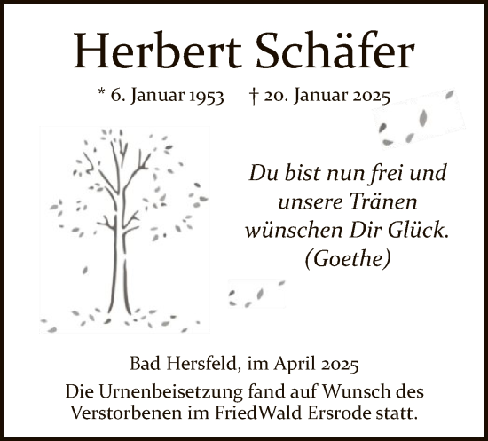 Traueranzeige von Herbert Schäfer von HZ