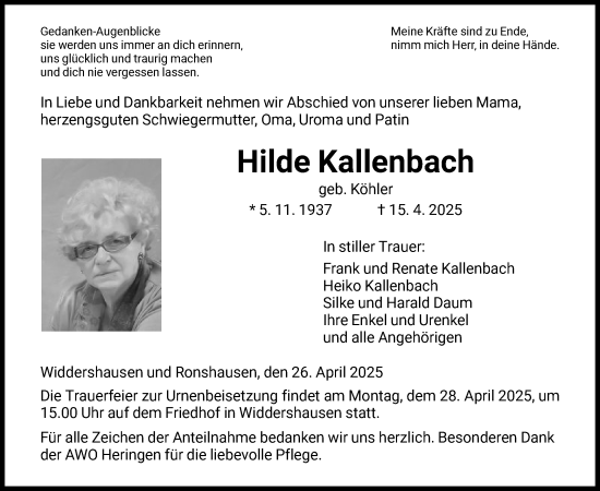 Traueranzeige von Hilde Kallenbach von HZHNA