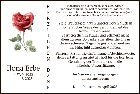 Traueranzeige von Ilona Erbe von HZ