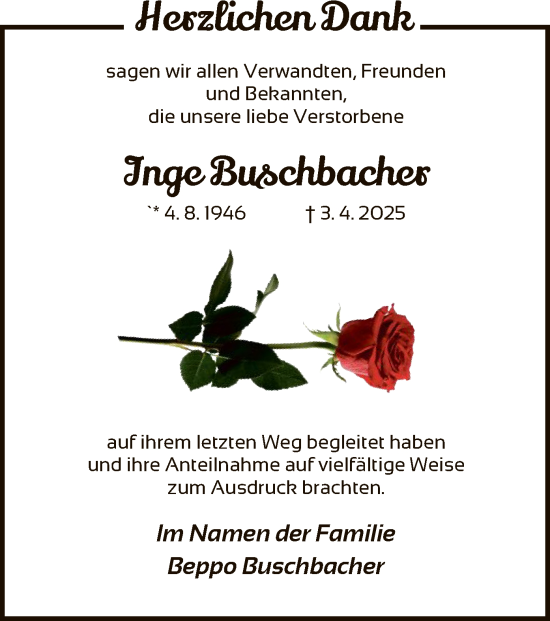 Traueranzeige von Inge Buschbacher von HZ