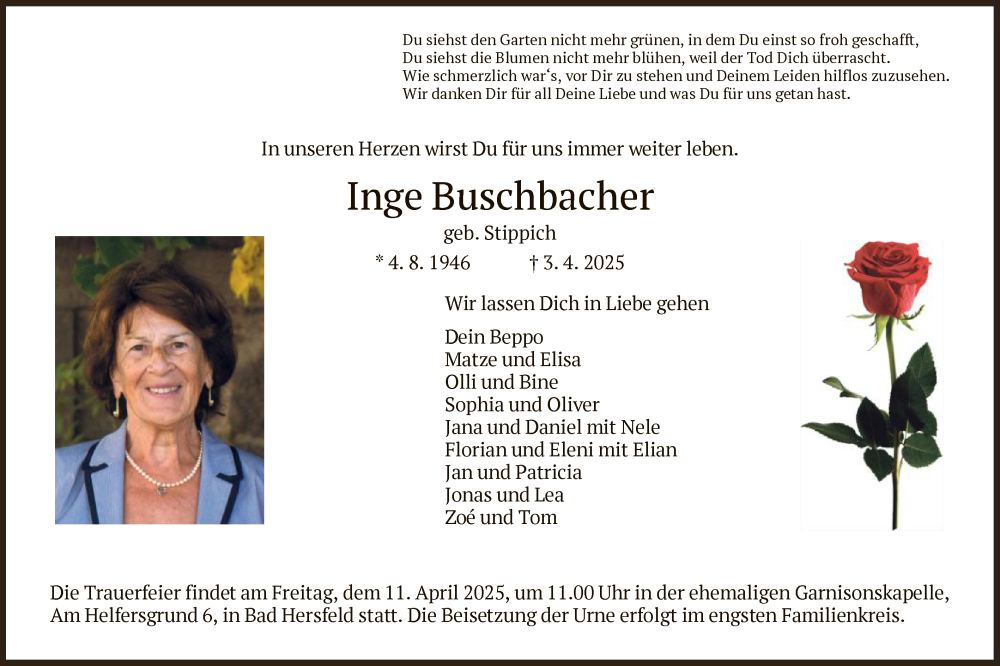  Traueranzeige für Inge Buschbacher vom 08.04.2025 aus HZ