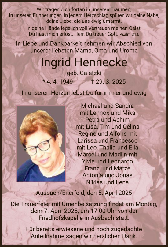 Traueranzeige von Ingrid Hennecke von HZ