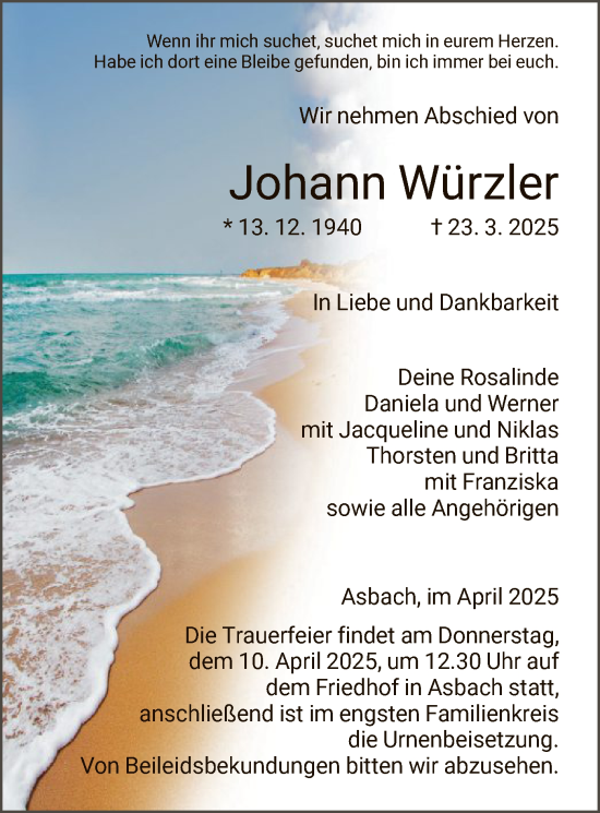 Traueranzeige von Johann Würzler von HZ