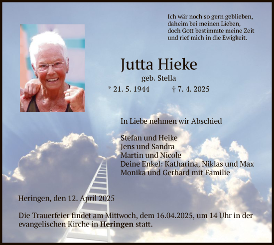 Traueranzeige von Jutta Hieke von HZHNA