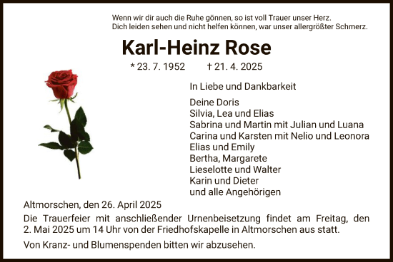 Traueranzeige von Karl-Heinz Rose von HNAHZ