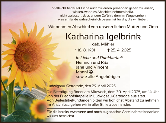 Traueranzeige von Katharina Igelbrink von HZ