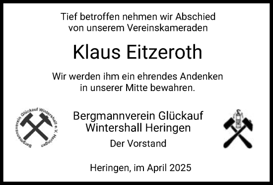 Traueranzeige von Klaus Eitzeroth von HZ