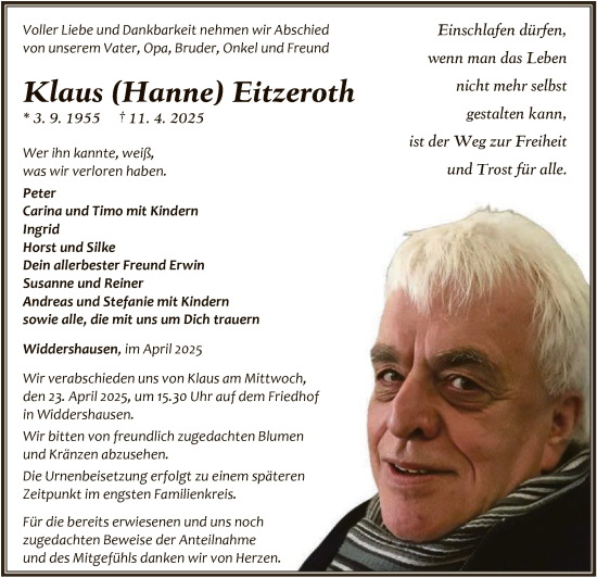 Traueranzeige von Klaus Eitzeroth von HNAHZ