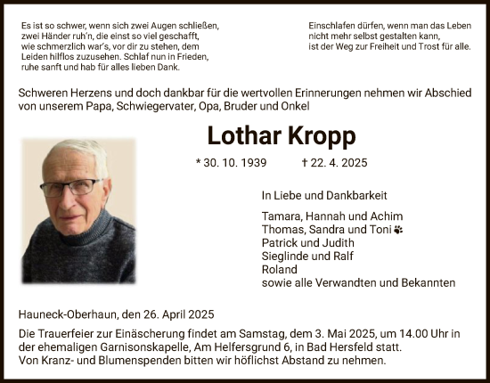 Traueranzeige von Lothar Kropp von HZ