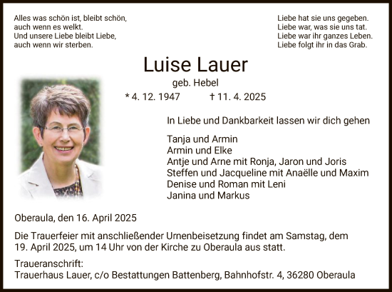 Traueranzeige von Luise Lauer von HZ