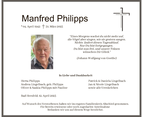 Traueranzeige von Manfred Philipps von HZHNA