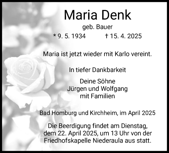 Traueranzeige von Maria Denk von HZ