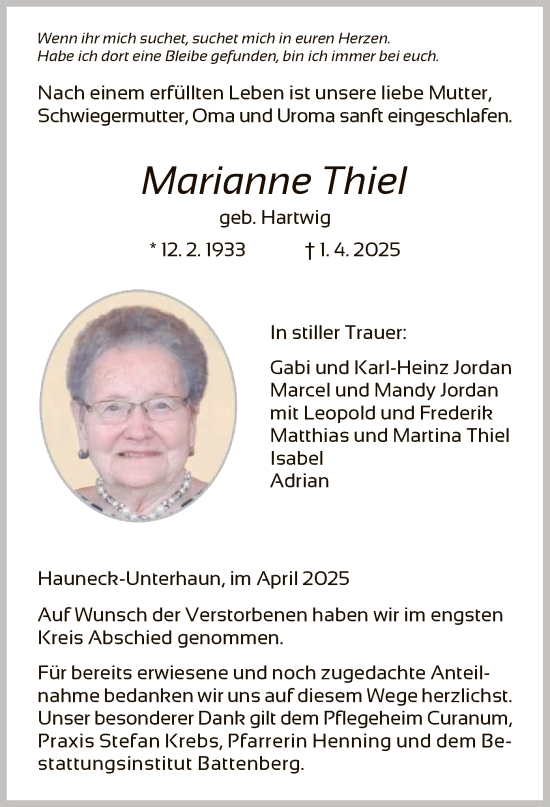Traueranzeige von Marianne Thiel von HZHNA