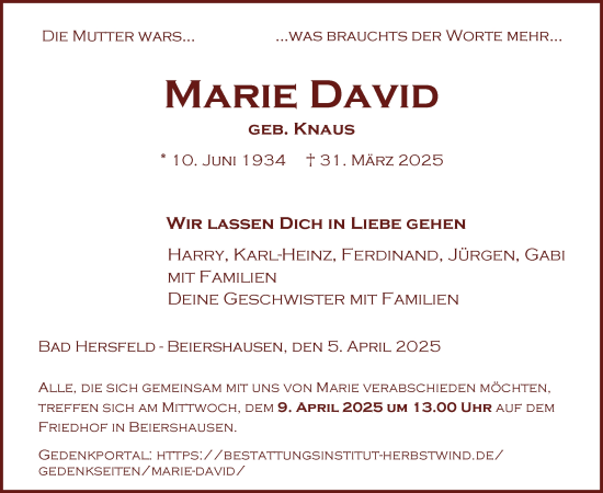 Traueranzeige von Marie David von HZ