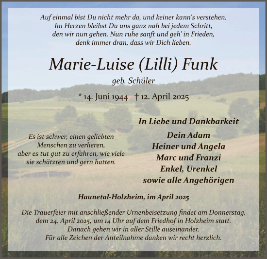 Traueranzeige von Marie-Luise Funk von HZ