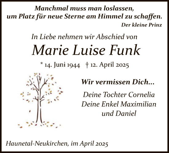 Traueranzeige von Marie Luise Funk von HZ