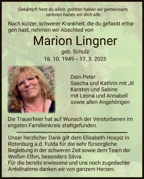 Traueranzeige von Marion Lingner von HZ