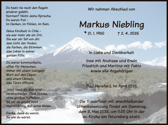 Traueranzeige von Markus Niebling von HZ