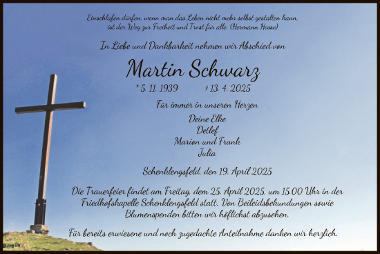 Traueranzeige von Martin Schwarz von HZ