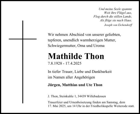 Traueranzeige von Mathilde Thon von HNAHZ