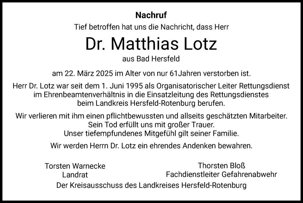  Traueranzeige für Matthias Lotz vom 02.04.2025 aus HZHNA