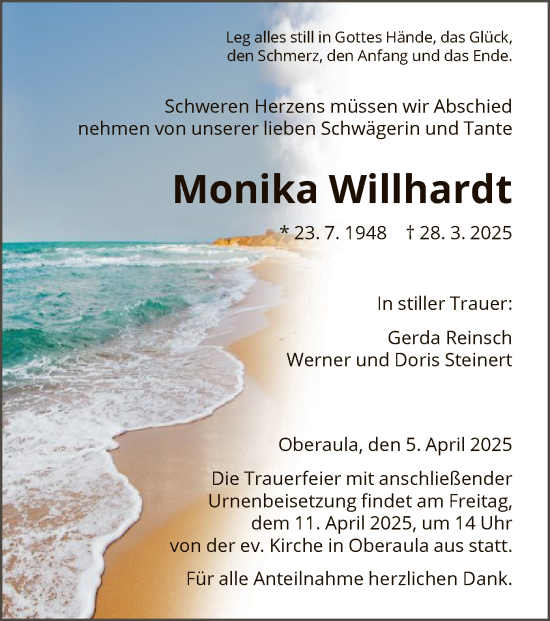 Traueranzeige von Monika Willhardt von HNAHZ