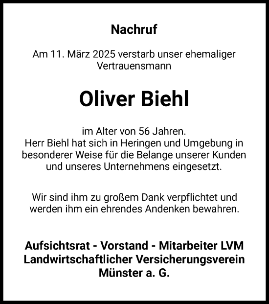 Traueranzeige von Oliver Biehl von HZ
