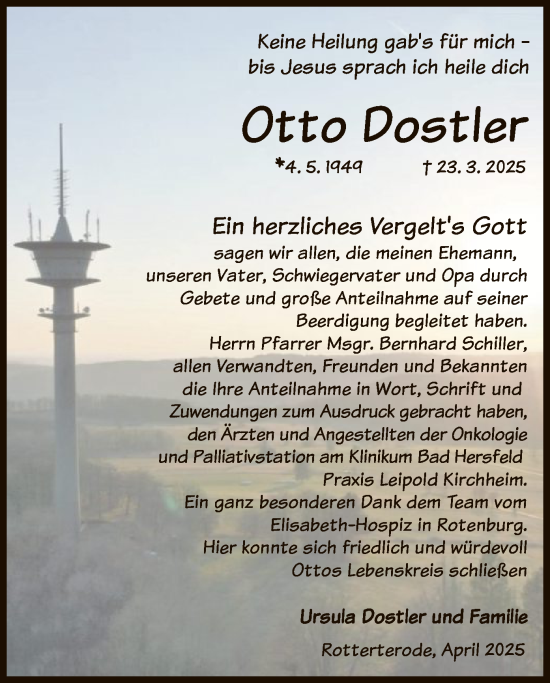 Traueranzeige von Otto Dostler von HZ