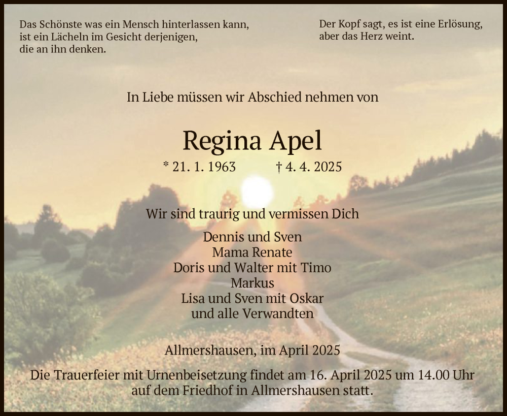  Traueranzeige für Regina Apel vom 12.04.2025 aus HZ