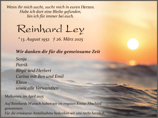 Traueranzeige von Reinhard Ley von HZ
