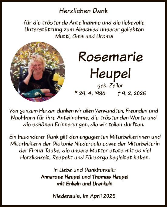 Traueranzeige von Rosemarie Heupel von HZ